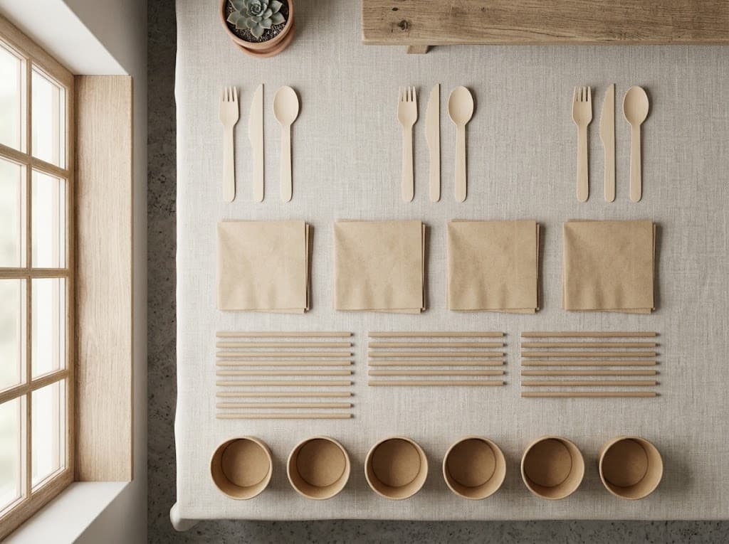 Tek kullanımlık çatal bıçak, pipet ve sos kabı flat lay