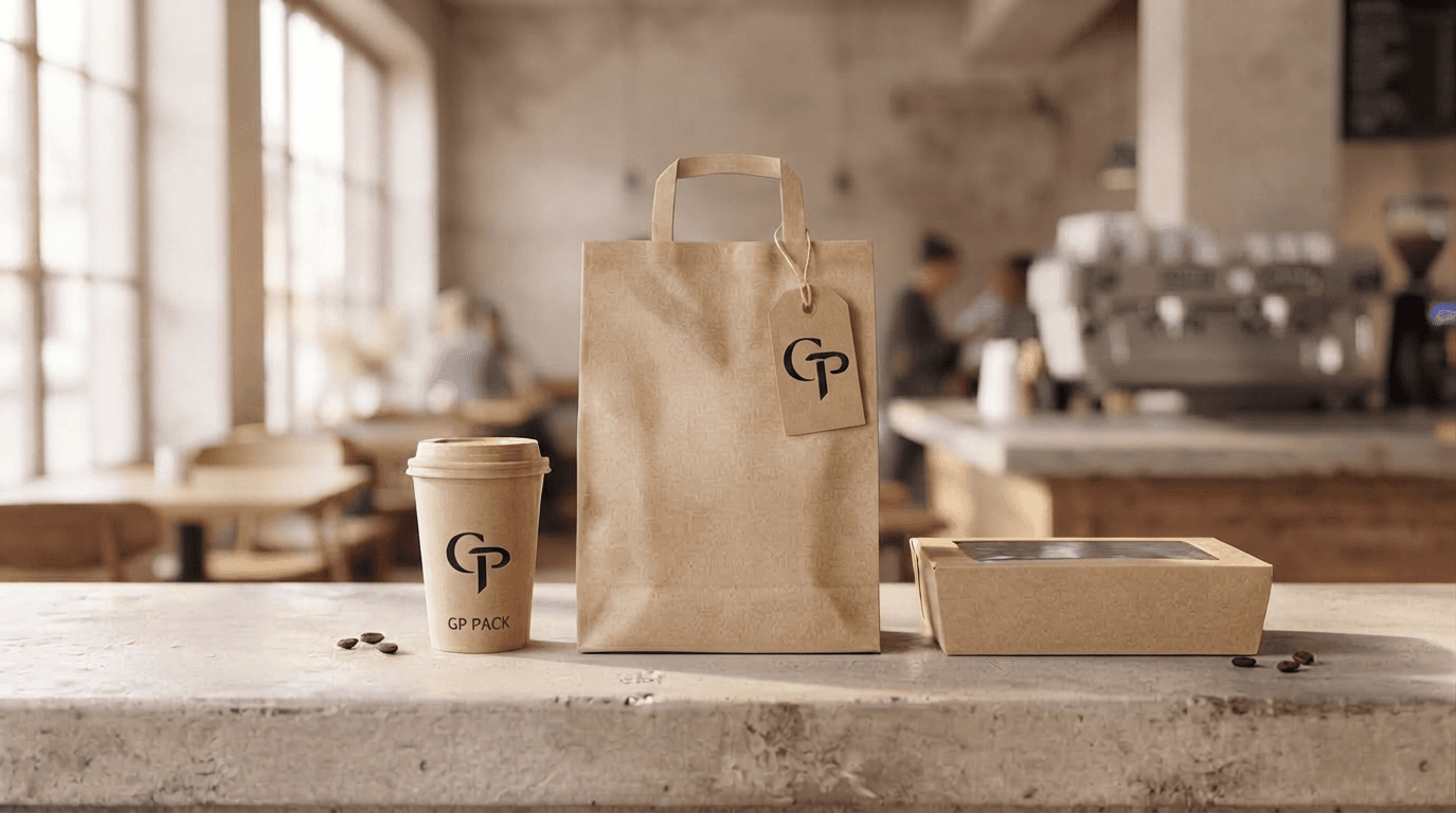 GP Pack logolu poşet, bardak ve kutuyla kafe sahnesi